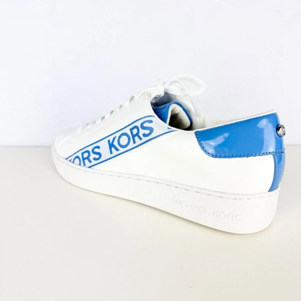 Michael Kors Women's KORS Print Side Faux Leather White Blue Sneakers Sz 7M NWOT